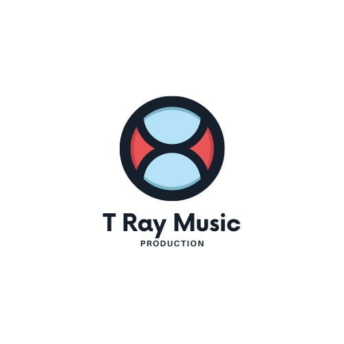 T-Ray Music music production logo with a circle outlined in black with two light blue semi-circles and red in background.