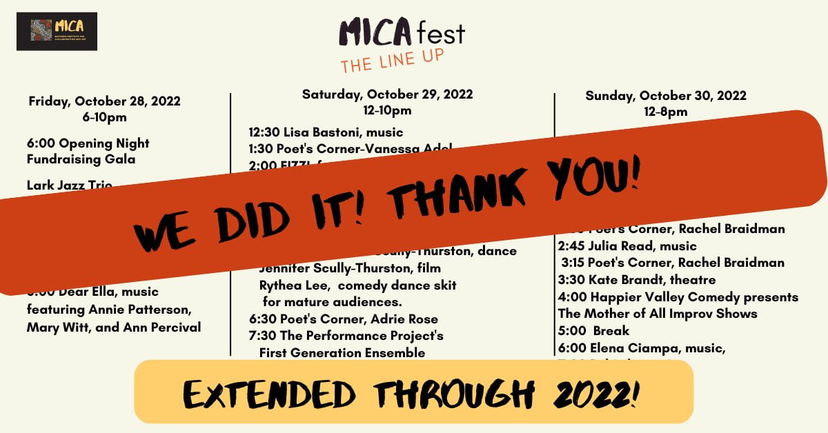 MICAfest schedule in background with a red banner with text: We did it! Thank you! And a yellow banner across the bottom with text: Extended through 2022!