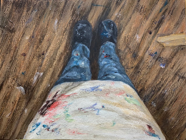 Showing Up painting of viewpoint of mom looking down at her lower body with paint spattered apron, jeans, and black shoes, standing on a wooden floor