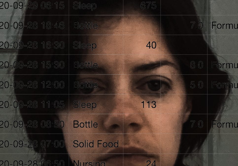 close up image of waking up mom with data typed across her face