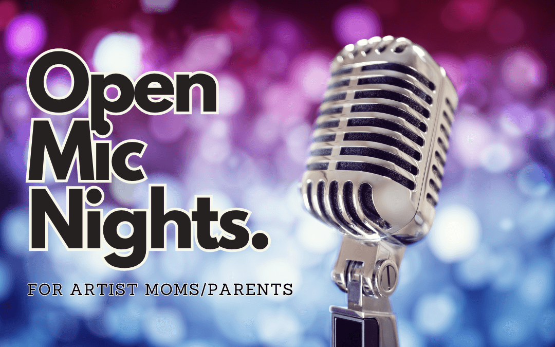 Image of upclose microphone and lights behind shimmering in magenta and blue. Open Mics Nights for artist moms/parents written