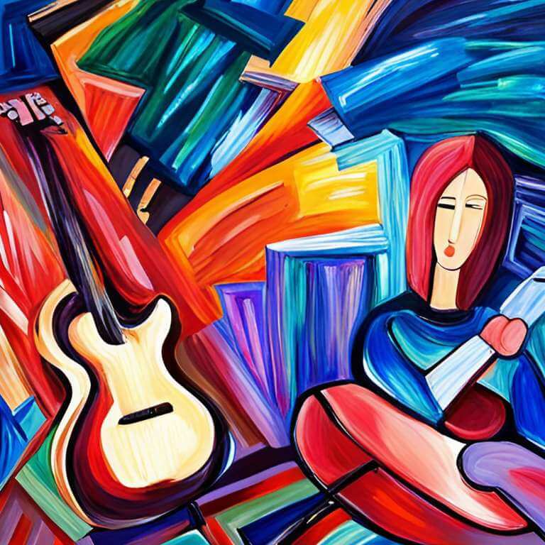colorful painted brushstrokes, woman with guitar next to her