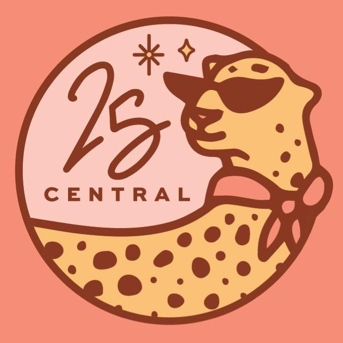 25 Central logo. Pink background with circular logo with a cheetah wearing sunglasses and a neck scarf.