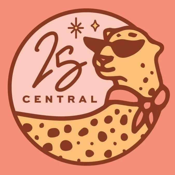 25 Central logo. Pink background with circular logo with a cheetah wearing sunglasses and a neck scarf.