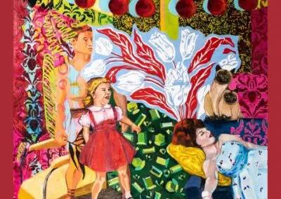 Colorful old-fashioned painting with a collage effect, with a woman (mother) lying back on the couch dresses in '50s style.