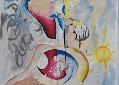 process painting of a fetus growing inside a woman's womb. Sunshine and clouds. By Ellen Pollock.