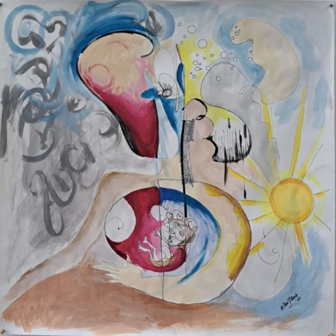 process painting of a fetus growing inside a woman's womb. Sunshine and clouds. By Ellen Pollock.