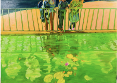 Painting of green water with yellow lily pads and three kids looking into the green water.