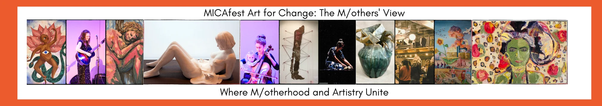 collage of MICAfest artists with MICA logo and text "The Festival' with Art for Change logo on the bottom right corner in bright orange